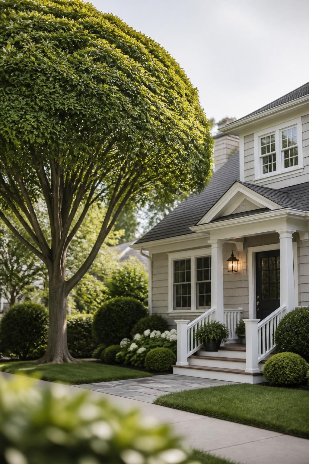Shaped tree canopy beside a tidy suburban home exterior.