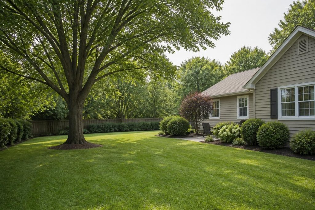 Freshly trimmed tree in a neat residential yard with open lawn.